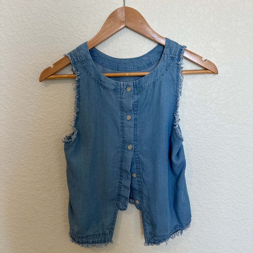Thread & Supply Sleeveless Button Back Chambray Denim Top with Frayed Trim